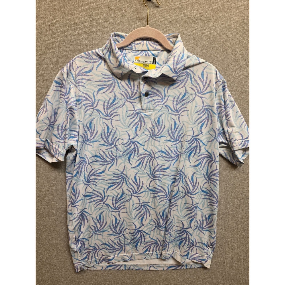 Nicklaus Eco Choice Mens Golf Polo Shirt Blue Purple Palm Leaf Print Size M